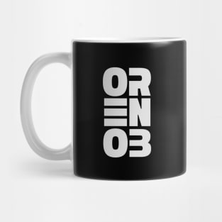 ORENOB text logo in light bright white / gray (6 letters vertical design) Mug